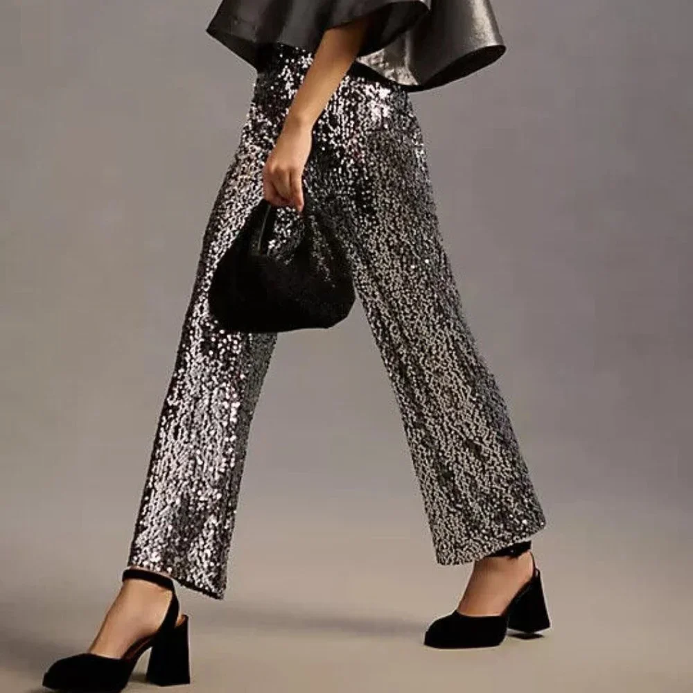 Anthropologie Silver Sequin Wide-Leg Pants - Picture 9 of 9